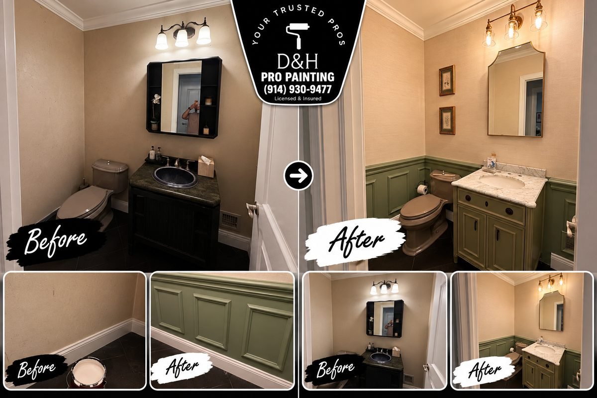 Before and after of a bathroom interior repaint with green wainscoting
