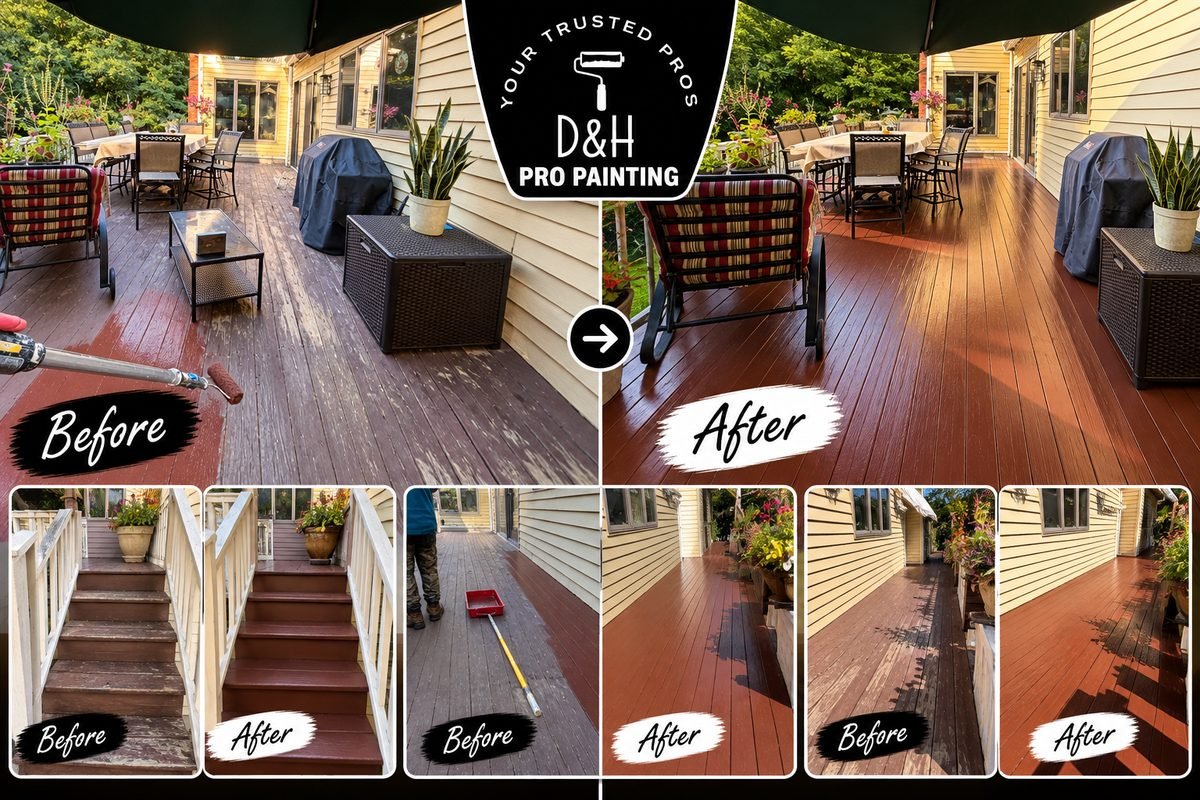 Before and after of a deck staining and restoration project