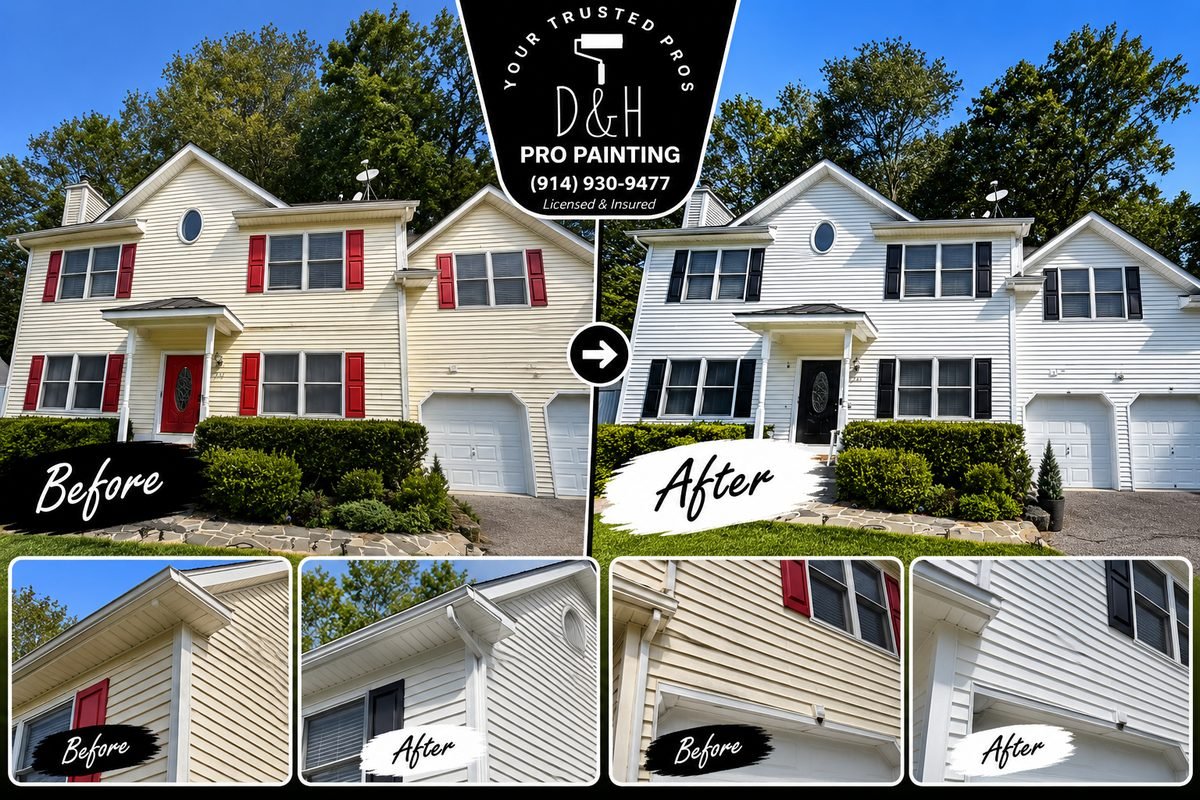 Before and after of an exterior color change from cream to white with black shutters